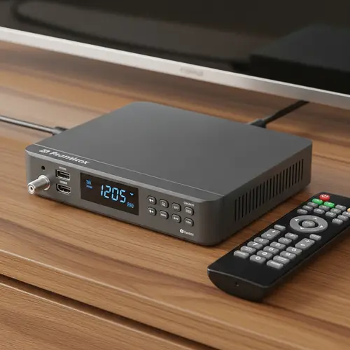 Realistic Cable Box on Woodgrain TV Stand