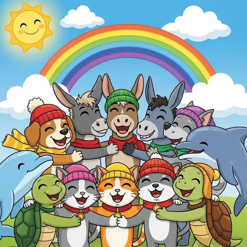 Cheerful Animal Rescue Cartoon: Dogs, Cats, Donkeys, Dolphins & Turtles Embracing