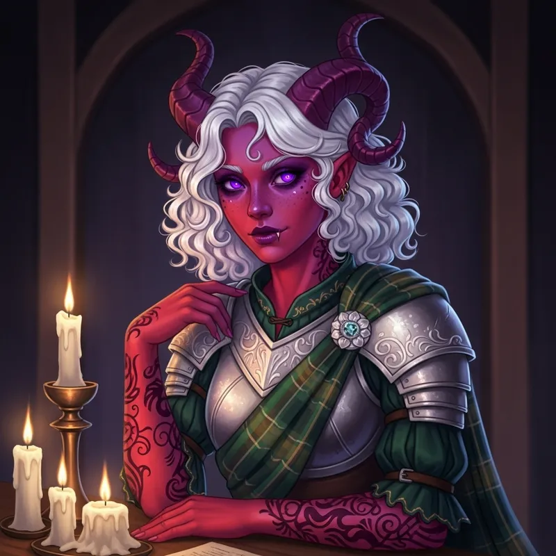 Scottish Tiefling Bard | Radiant Skin & Floral Details