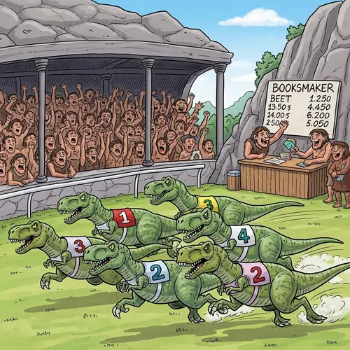 Cartoon T-Rex 100 Sprint Race with Neanderthal Crowd