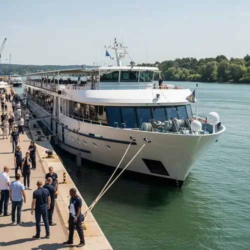 Penichette-Style Passenger Ship Docked in a Bustling Port