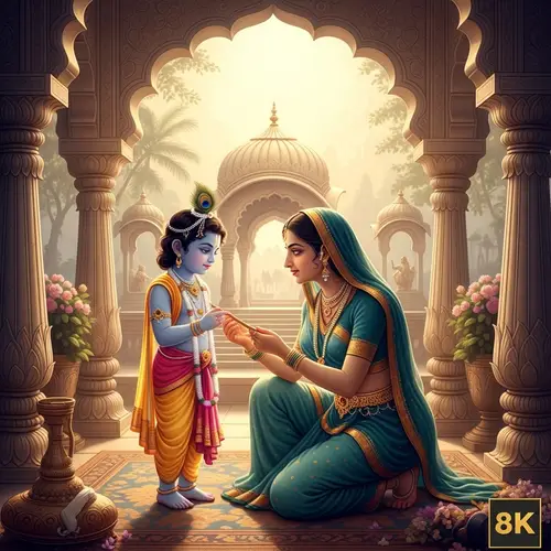 Beautiful Kid Lord Krishna and Mother Yashoda in Indian Palace Painting