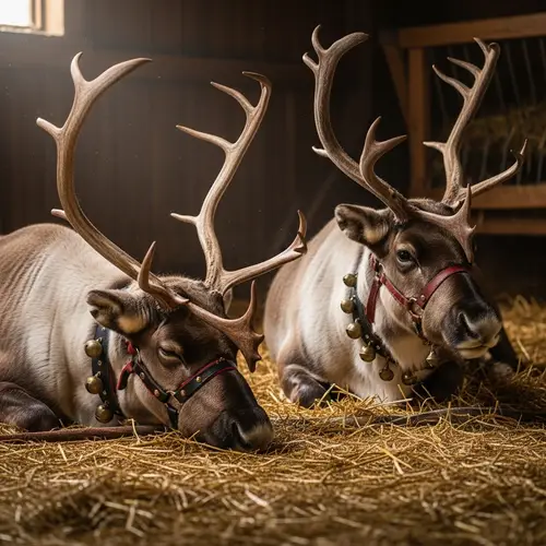Resting Reindeer with Harnesses and Bells on Straw