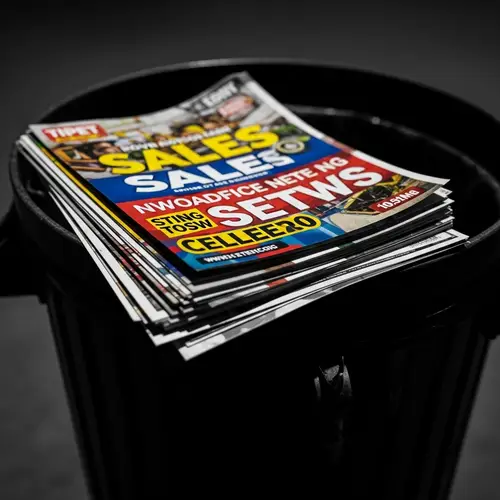 Urban Noir Photography: Colorful Sales Flyers Abandoned in Trash Can