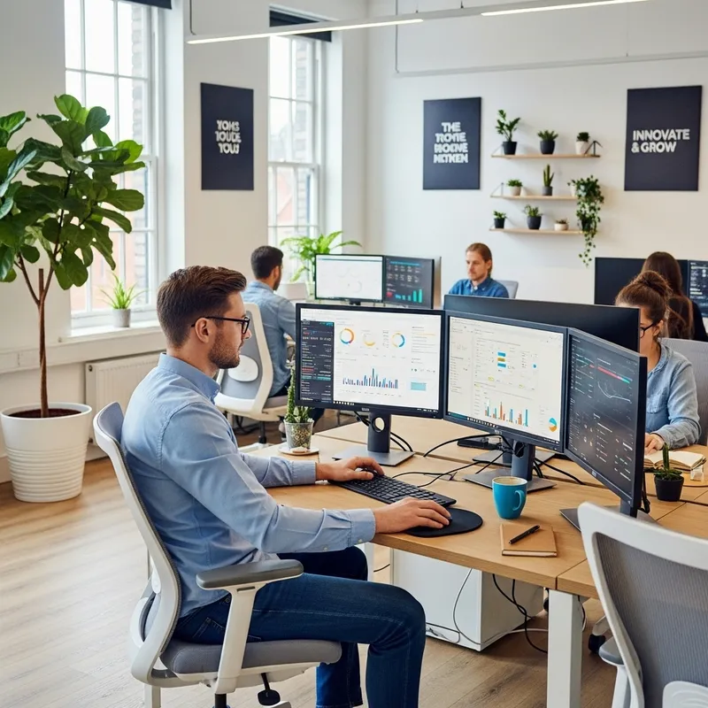 Tall Caucasian Man with Glasses in Digital Marketing Office Tall Caucasian Man with Glasses in Digital Marketing Office