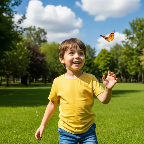 Joyful Caucasian Child Playing in Sunny Green Park | Nature Exploration