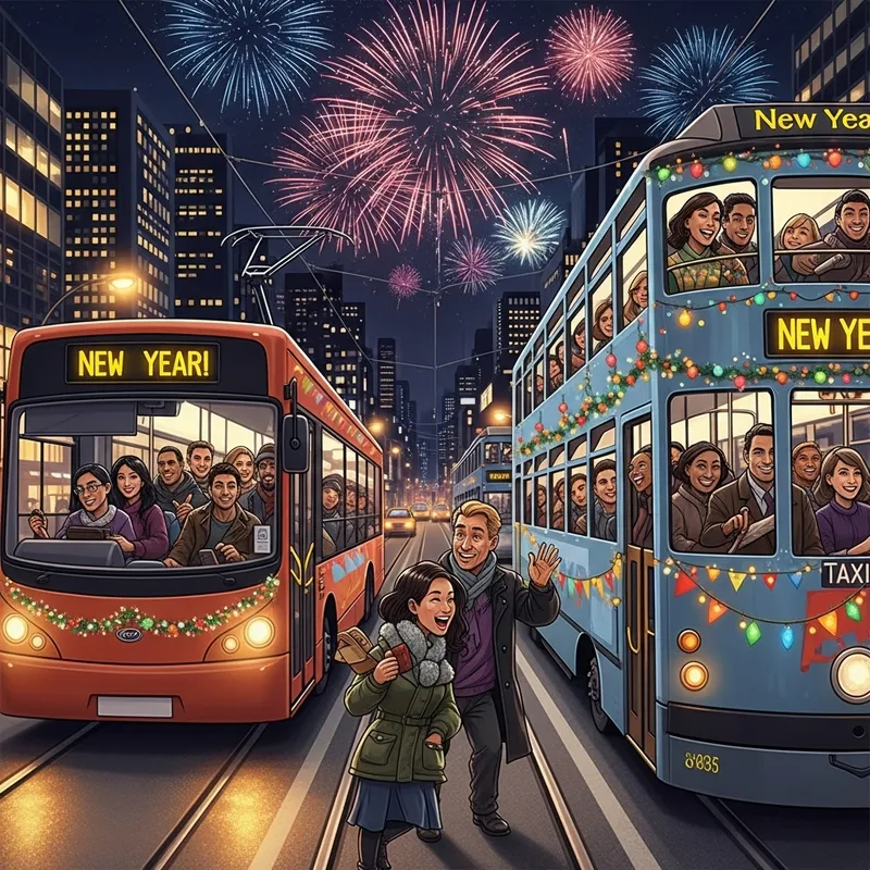 New Year's Eve Public Transport with Festive Decorations New Year's Eve Public Transport with Festive Decorations