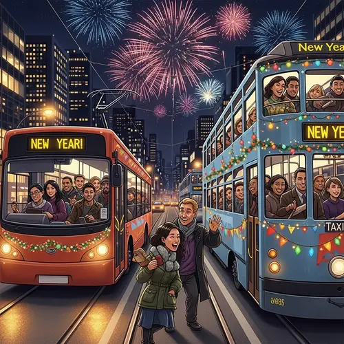 New Year's Eve Public Transport Celebration with Colorful Decorations