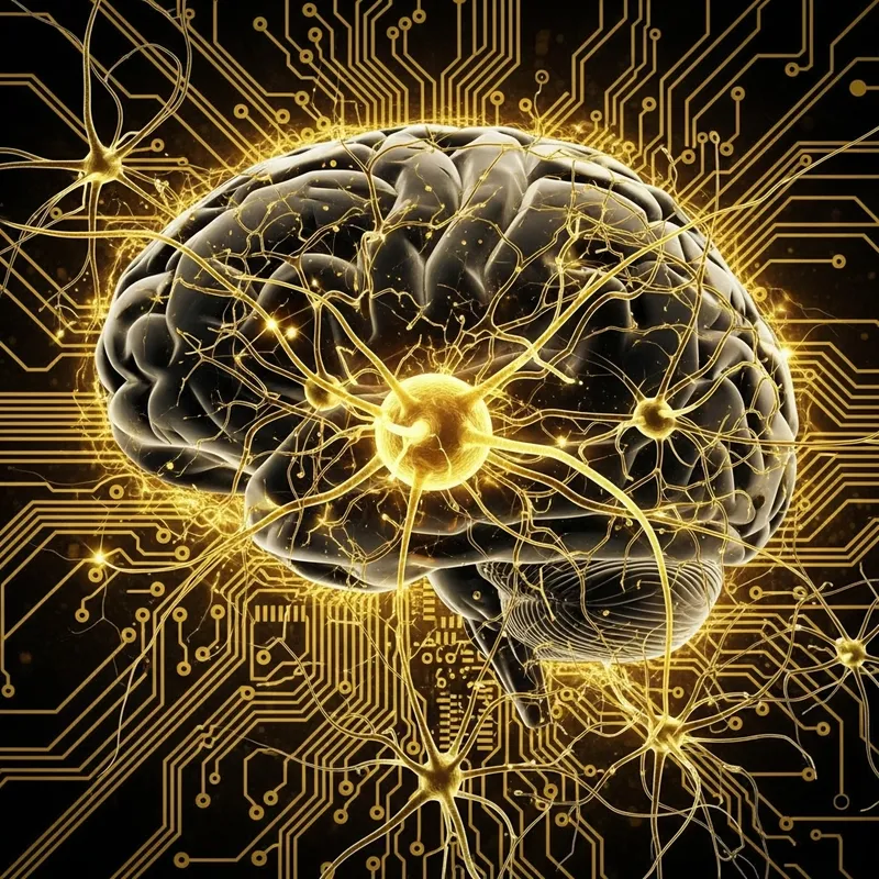 Black, Yellow & Gold Brain Visualization - Neurons & Circuitry