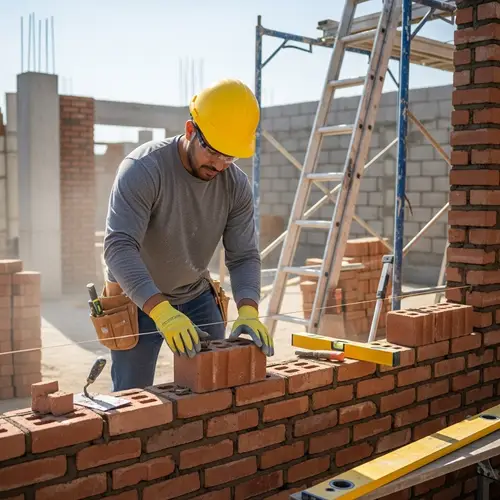 Hispanic Male Construction Worker Building a Wall with Precision