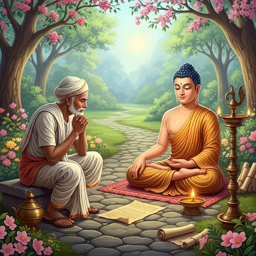 Tranquil Encounter between Indian Merchant and Buddha Figure