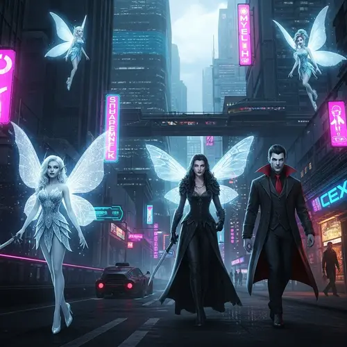Futuristic City with Glittering Fairies & Handsome Vampires