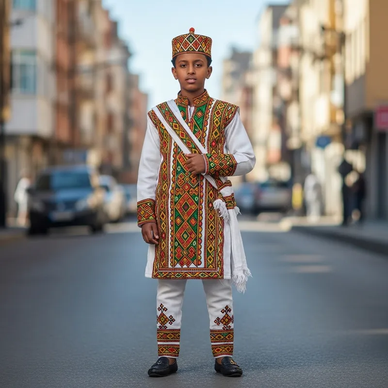 Afro-Ethiopian Boy in Traditional Attire Against Urban Backdrop