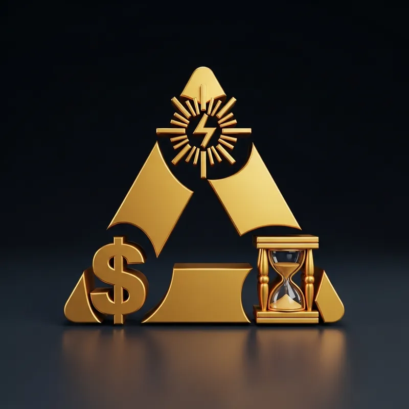 Impressive 3D Rendering: Golden Triangle Symbolizing Energy, Money, Time Impressive 3D Rendering: Golden Triangle Symbolizing Energy, Money, Time
