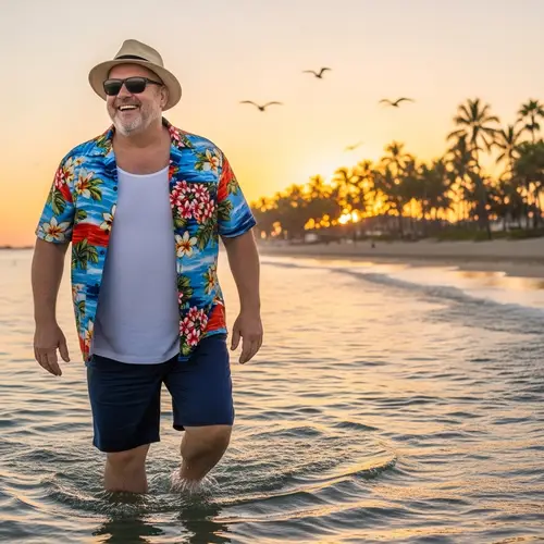 Smiling Heavyweight Man in Hawaiian Shirt at Beach