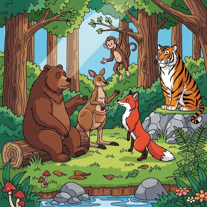 Wild Animals Conversing in Forest Scene