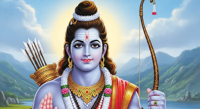 Traditional Hindu Deity Sri Rama: Divine Man with Blue Skin & Bow