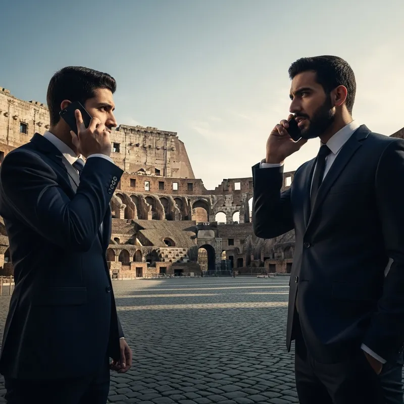 Rival Salesmen Clash in Colosseum - Dramatic Sales Noir Showdown