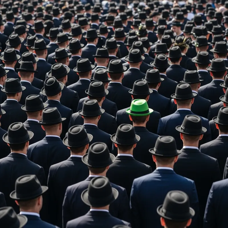 Synchronized Crowd in Suits, Green Hat Stands Out Synchronized Crowd in Suits, Green Hat Stands Out