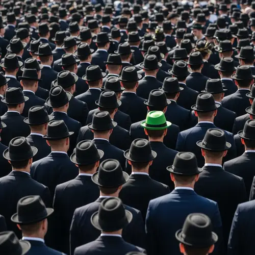 Synchronized Crowd in Suits with Unique Green Hat Character