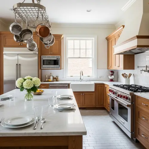 Modern Kitchen Design with Wooden Cabinets and Marble Countertop