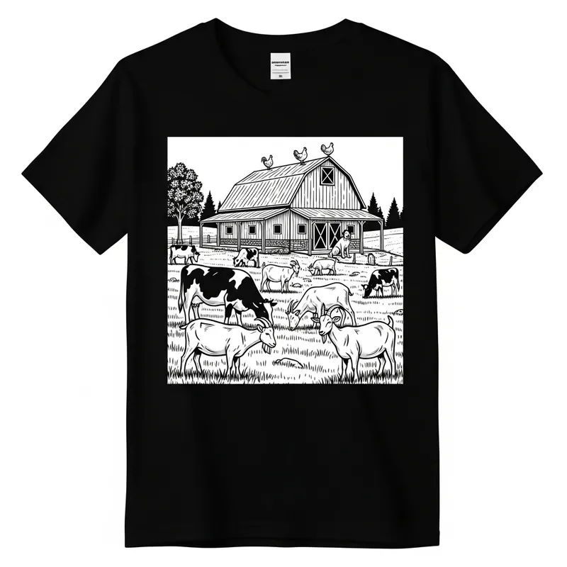 Peaceful Farm Landscape Black & White T-Shirt Design Peaceful Farm Landscape Black & White T-Shirt Design