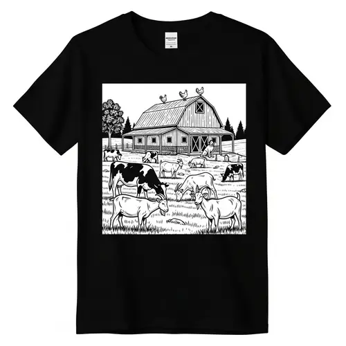 Peaceful Farm Landscape Black & White T-Shirt Design