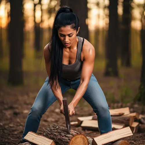 Empowering South-Asian Woman Chopping Wood | Rustic Forest Scene
