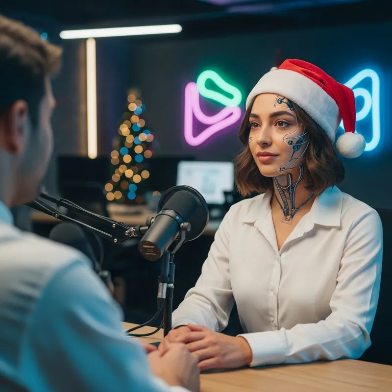 Futuristic Robot-Podcast Collaboration: Middle Eastern Woman and Chef Friend in Christmas Office Scene Futuristic Robot-Podcast Collaboration: Middle Eastern Woman and Chef Friend in Christmas Office Scene