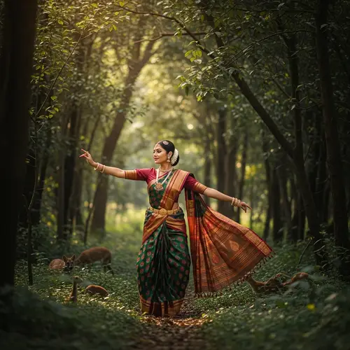 South Asian Woman Dancing in Vibrant Saree | Forest Elegance