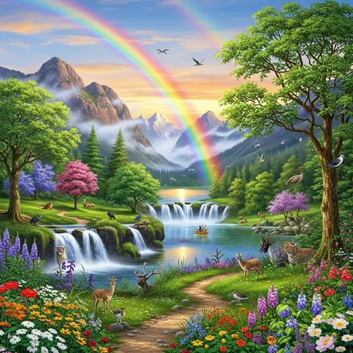 Nature's Beauty: Lush Landscape with Waterfalls, Rainbow, and Wildlife