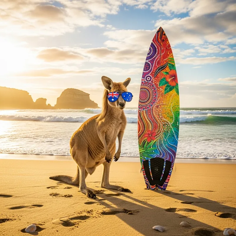 Australian Kangaroo with Mullet and Australia Flag Sunglasses on Beach