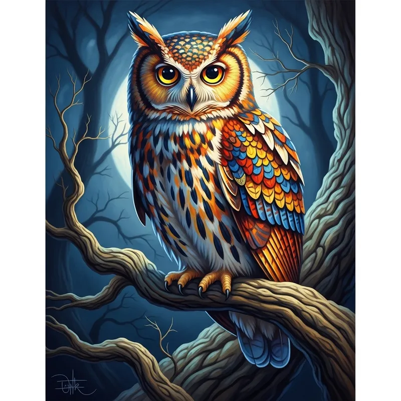 Cute and Colorful Owl Painting with Vibrant Feathers