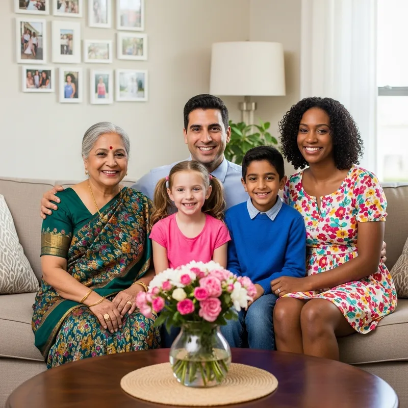 Multicultural Family Gathering in Warm Living Room Setting