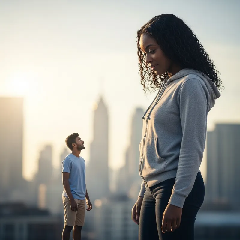 Tiny Man Confronted by Giant Woman