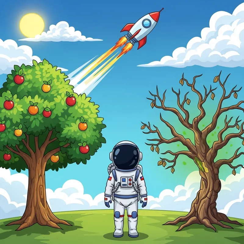 Colorful Trees, Sick Tree, Astronaut, Rocket - Cartoon Style