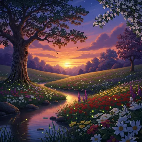 Enchanted Twilight Meadow with Fireflies & Nature's Beauty