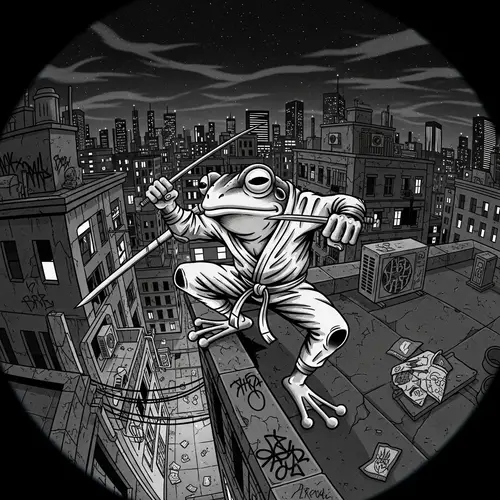 Monochrome Martial Arts Amphibian on Metropolis Rooftop at Night