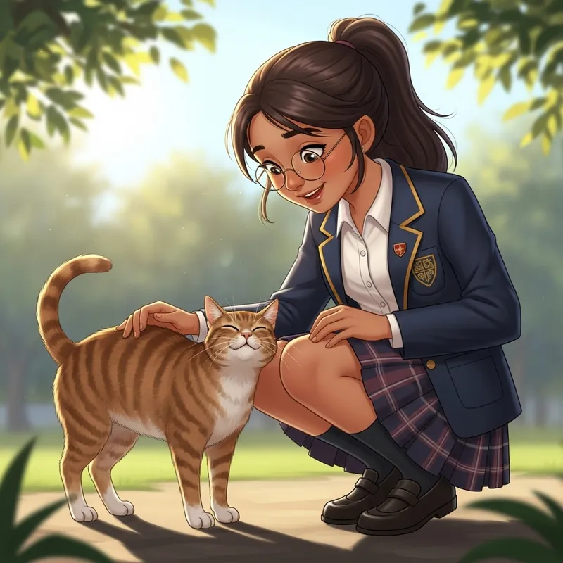 Cute Middle School Girl Caring for Cat with Love