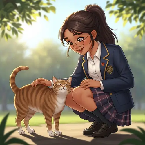 Lovable South Asian Middle School Girl Petting Cat