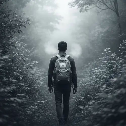 Misty Forest Explorer: South Asian Male in Shades of Grey & White
