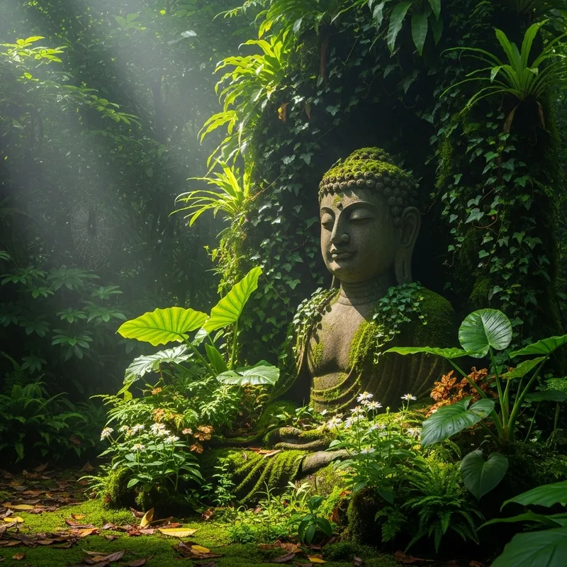 Buddha in Greenery - Peaceful Meditation in Lush Forest