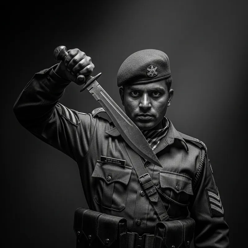 Vintage 4K Photo: Gorkha Soldier with Khukri in Dramatic Battle Scene