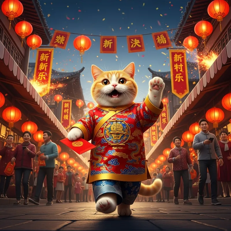 Yellow and White Cat in Lunar New Year Celebration