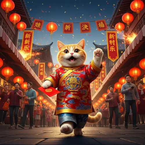 Happy New Year Wishes from Yellow and White Cat in Chinese Attire
