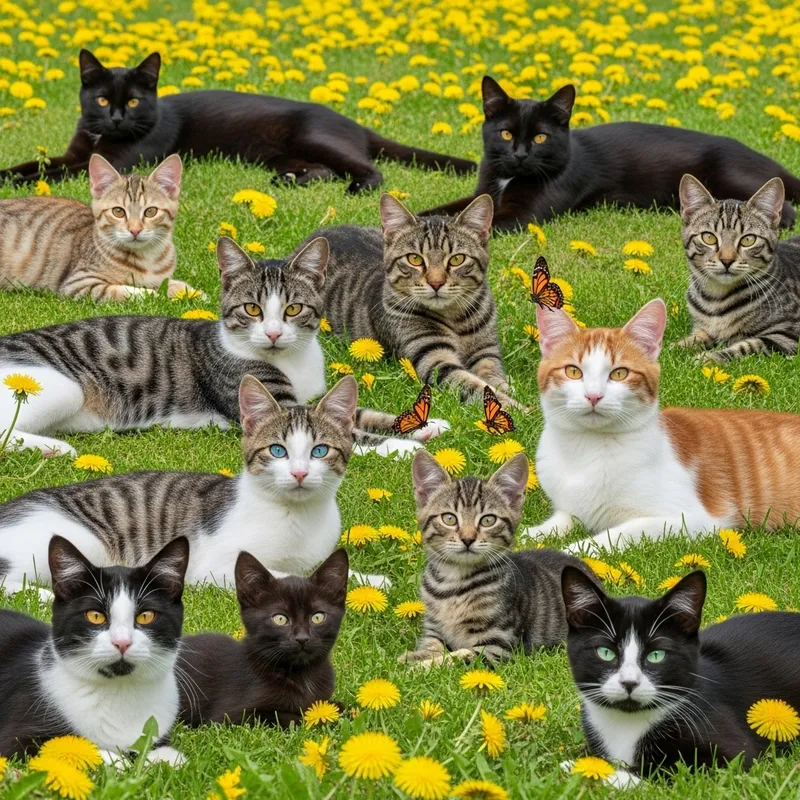Adorable Cats Relaxing on Green Grass