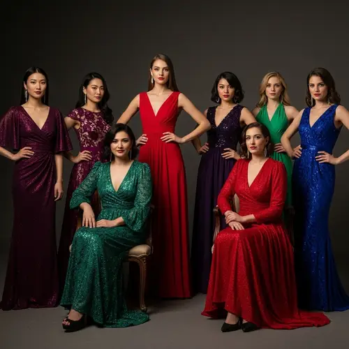 Diverse Group of Women in Vibrant Evening Gowns | High-Fashion Editorial Style