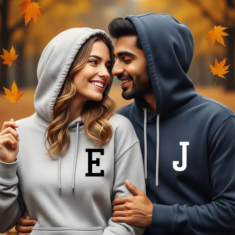 Romantic Couple Hoodies Initials E & J | Engaging Sweet Moment