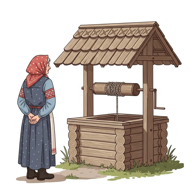 Russian Grandmother Contemplating Old Well in Folk Attire Russian Grandmother Contemplating Old Well in Folk Attire