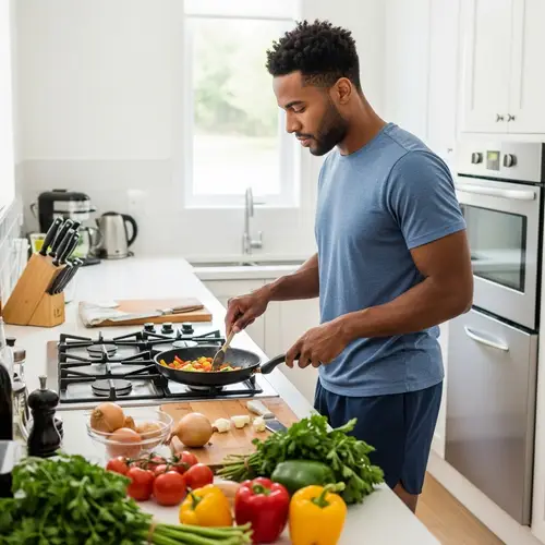 Sporty Man Cooking Fresh Vegetables in Kitchen